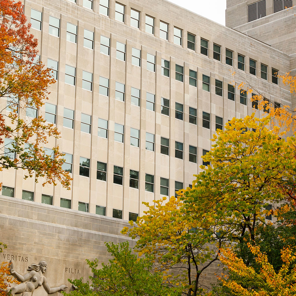 Exterior of Ballantine Hall in fall.