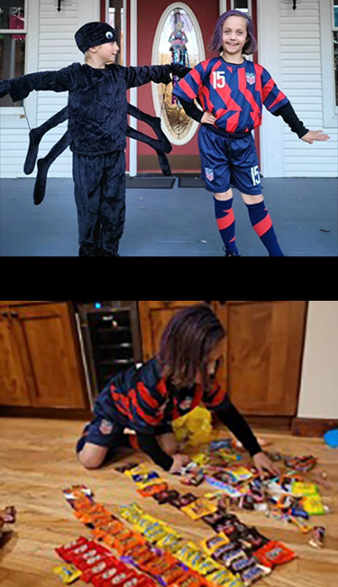 Two pictures of children: The top picture depicts two children in Halloween costumes, and the bottom picture depicts one of the children counting pieces of Halloween candy.