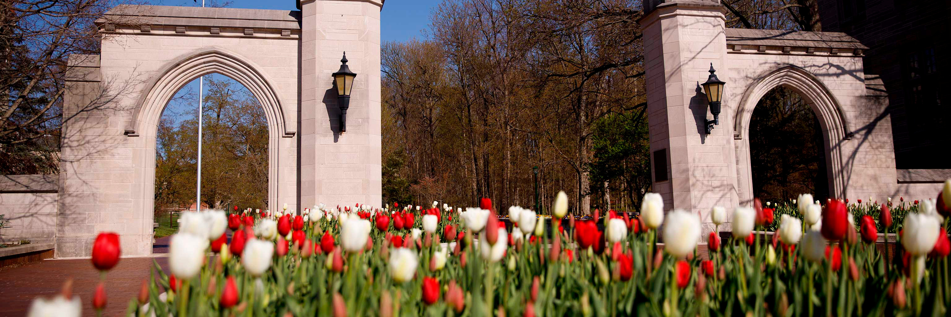 The Sample Gates on a spring day, with blooming tulips in the foreground.